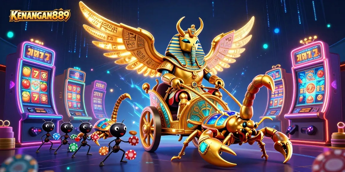 Experience thrilling slots action at KENANGAN889 while witnessing a vibrant 3D illustrated casino scene.