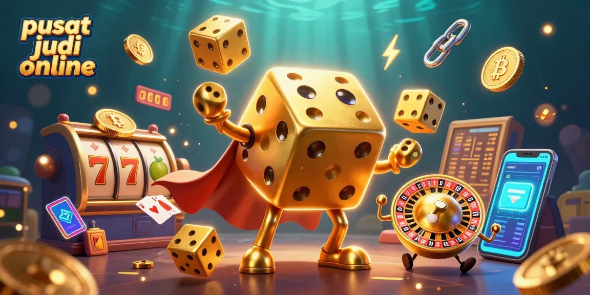 Rasakan keseruan bermain di pusat judi online dengan ilustrasi karakter kasino yang penuh warna.