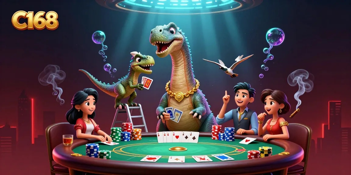 C168 Casino Game: A tall brontosaurus overlooks a lively poker scene with a clever raptor dealer.