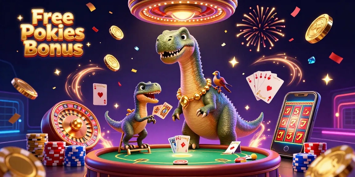 Experience the thrill of Free Pokies Bonus as colorful characters play in a dynamic casino scene.