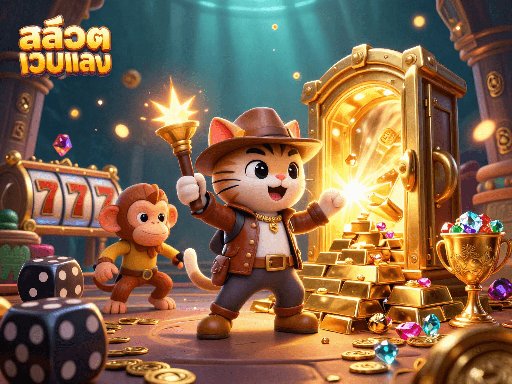 Experience the thrill of สล็อตเว็บตรง with vibrant slot reels and sparkling treasures in a dynamic illustration.