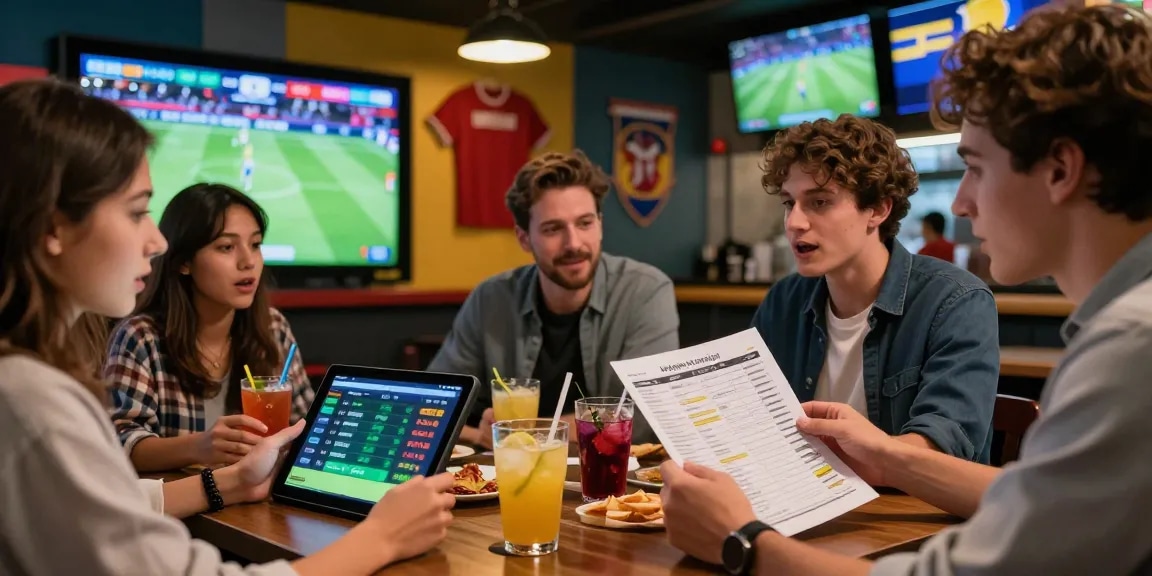 Exciting sports betting scene at OPEN88 with fans reviewing live matches and betting guides.