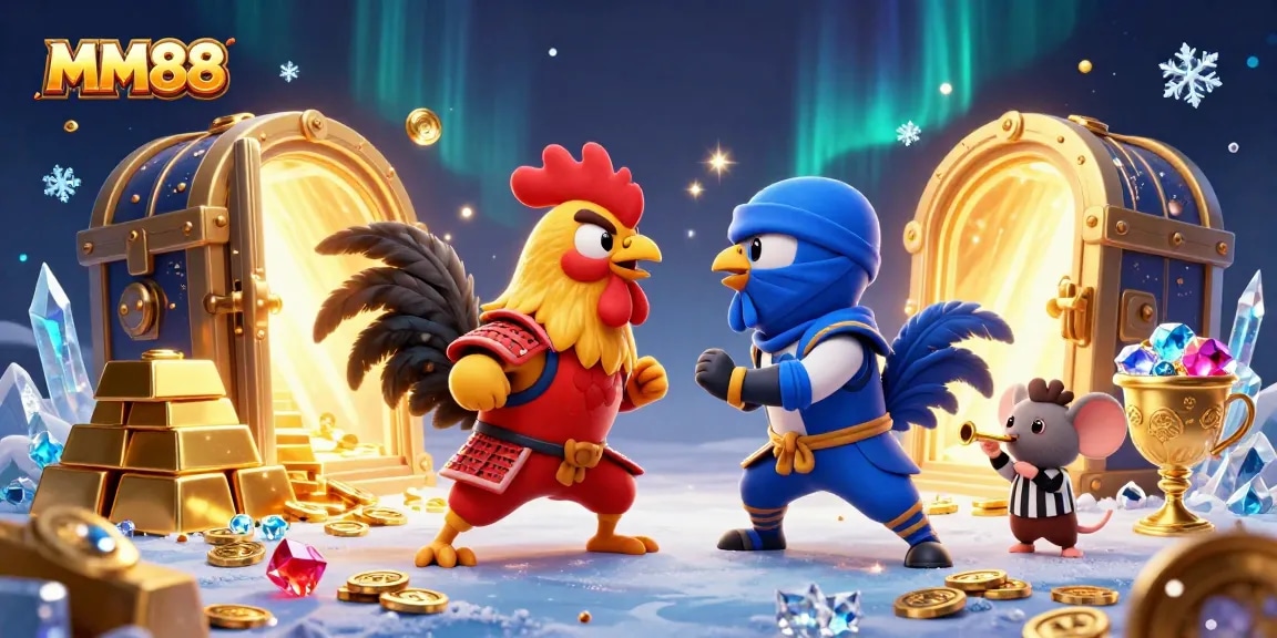 Engage in thrilling battles at MM88 with iconic fighting roosters surrounded by treasures.