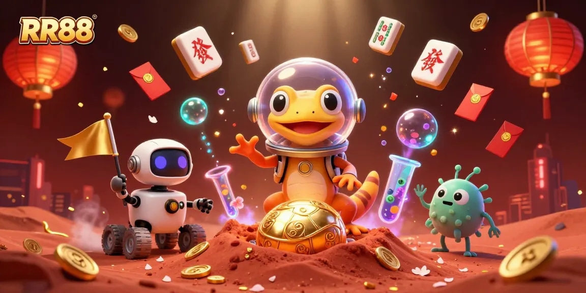Experience the thrill of RR88 as the Martian gecko discovers a golden casino oasis among vibrant game elements.