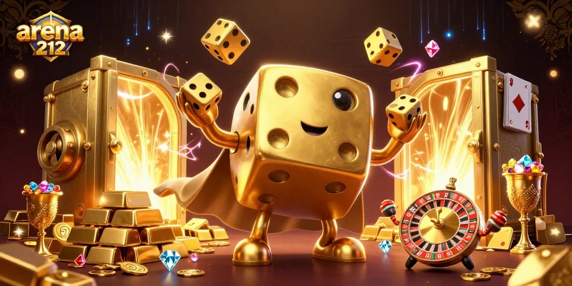 arena212, merayakan keberuntungan dengan golem dadu emas dan harta judi yang berkilauan