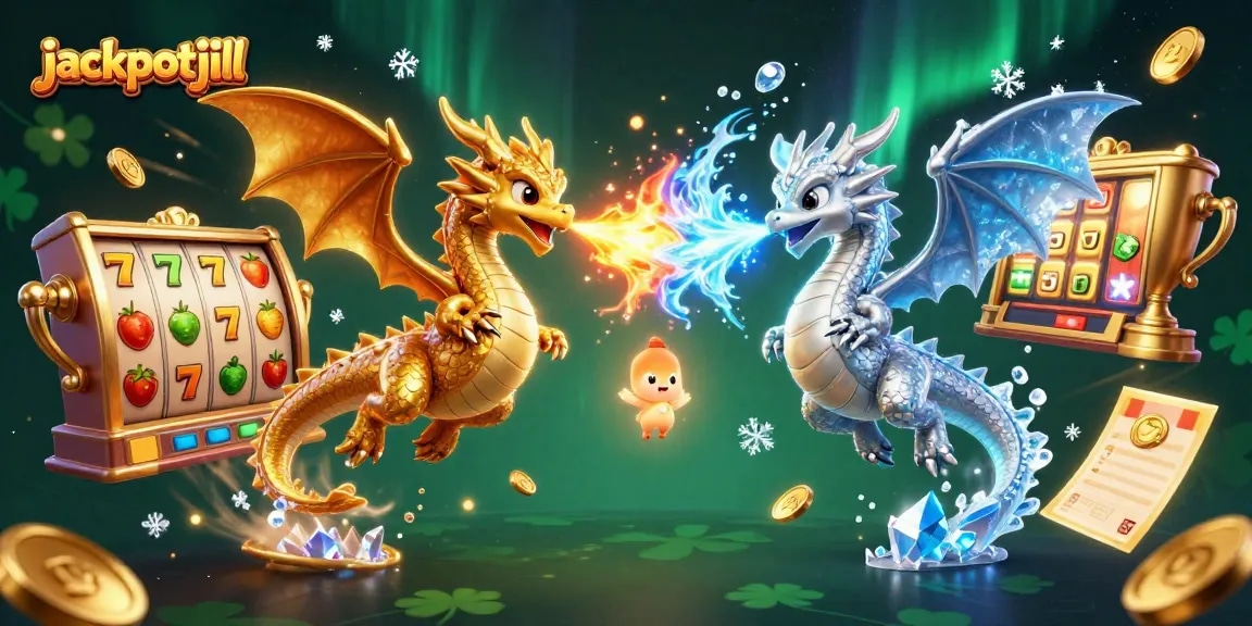 Experience the excitement of jackpotjill with stunning 3D dragons and dynamic slot symbols in a vibrant casino scene.