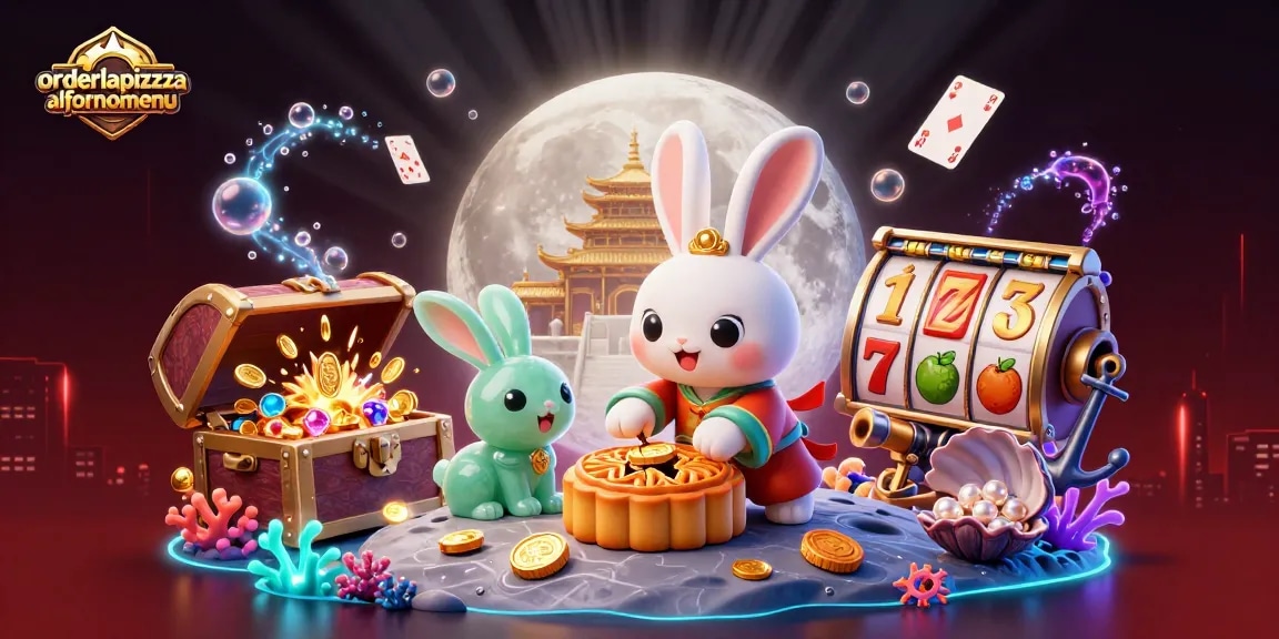 Orderlapiazzaalfornomenu menampilkan kelinci bulan memukulkan kue bulan dan chip poker di kasino