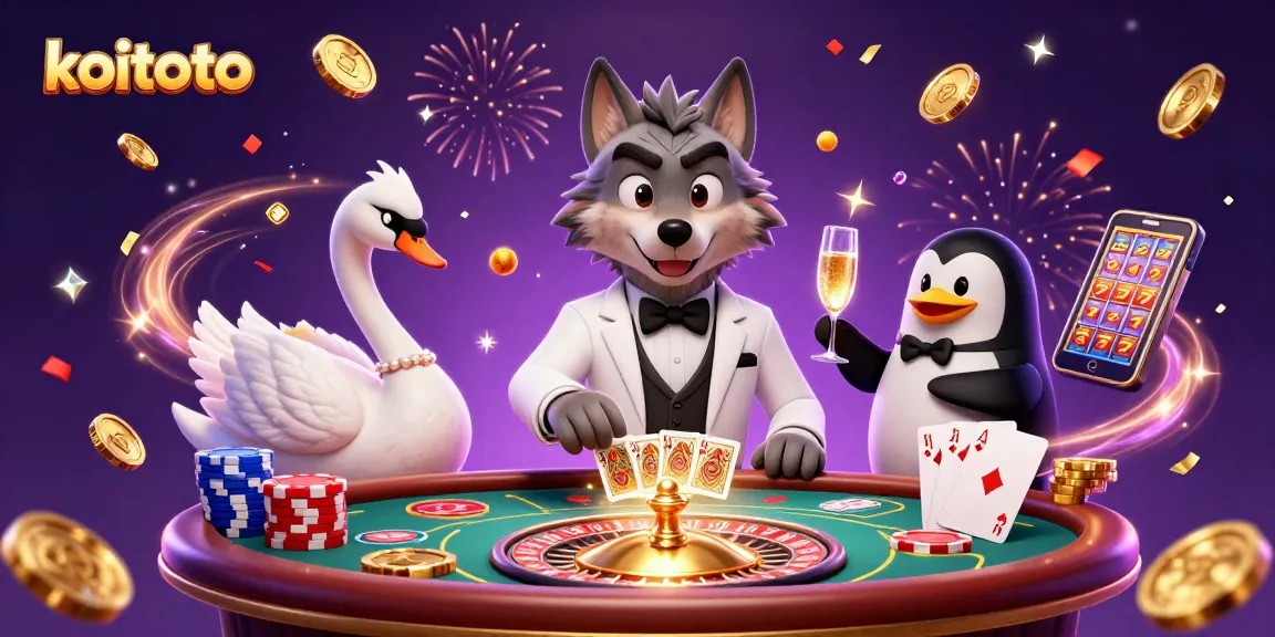 Koitoto showcases a dynamic casino scene with a wolf, swan, and penguin celebrating wins with gold coins and cards.