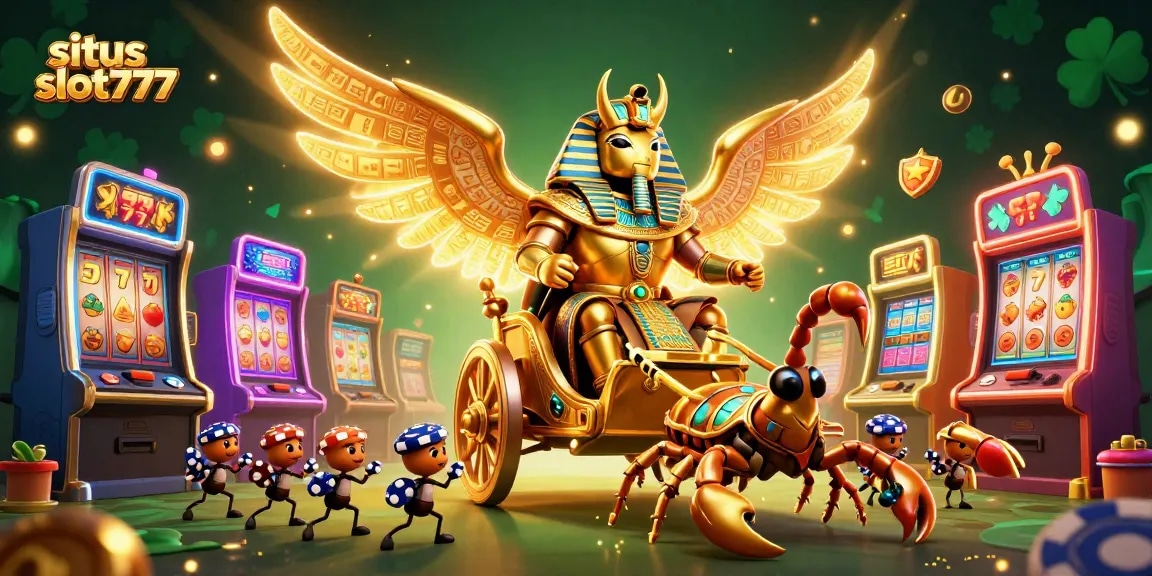 Situs slot777 showcases a vibrant casino scene featuring a colossal golden scarab pulling scorpions and poker chip-carrying ants amidst slot machines.