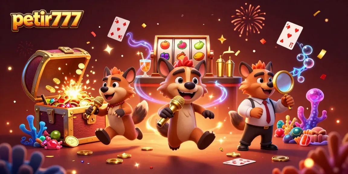 Engage in thrilling gameplay with petir777's vibrant casino scene featuring hyenas at a comedy club.