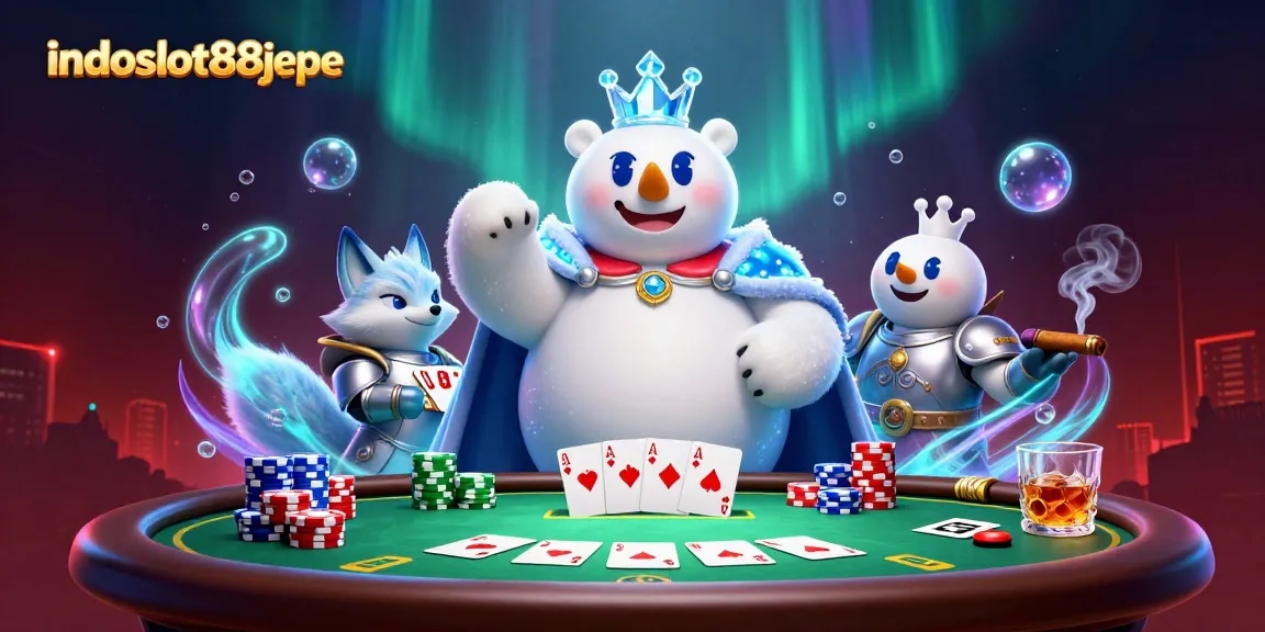 Experience the excitement of indoslot88jepe with a vibrant casino scene featuring a charming ice king and his fox companion.