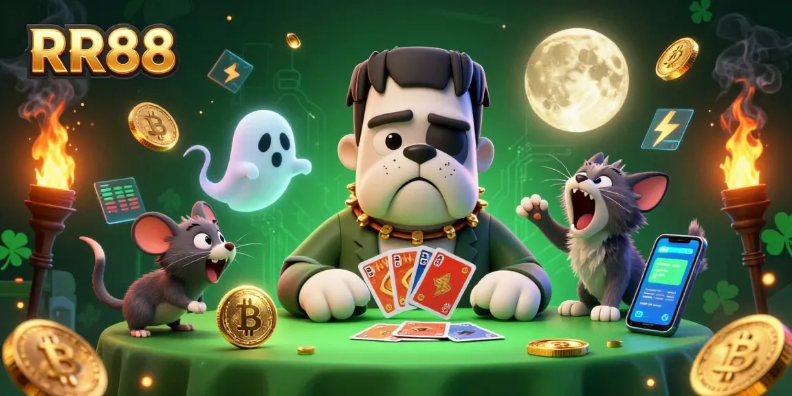 RR88 casino illustration showcasing a Frankenstein bulldog and ghost mouse dealing cards in a vibrant casino atmosphere.