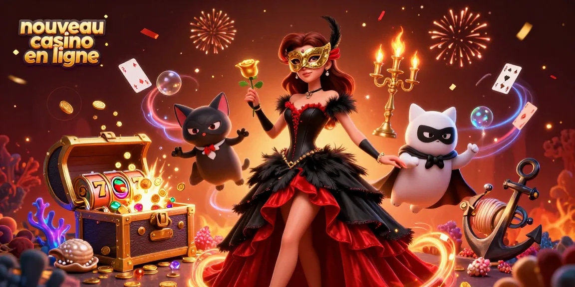 Illustration de nouveau casino en ligne avec une femme glamour, un chat fantôme et des éléments de jeu vibrants.