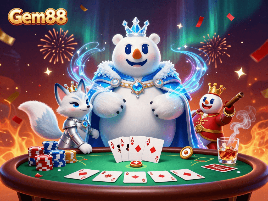Experience thrilling poker action with Gem88, featuring a polar bear king and fox in a casino.