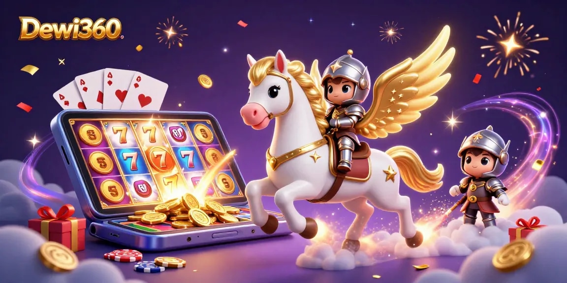 Mainkan Dewi360 dengan ponsel 3D, menampilkan mesin slot dan karakter dalam suasana magis.