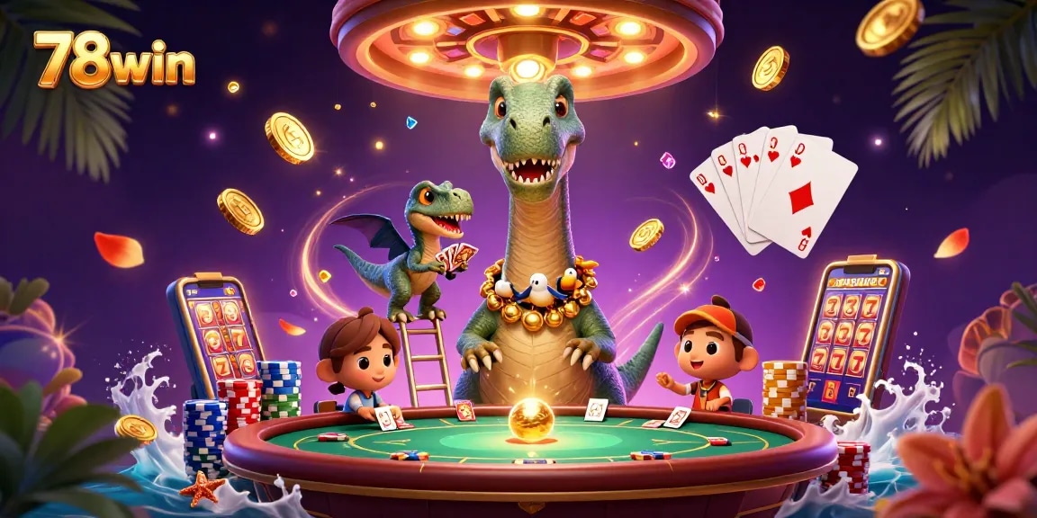 Experience thrilling casino fun with 78win as a cartoon brontosaurus graces the scene.