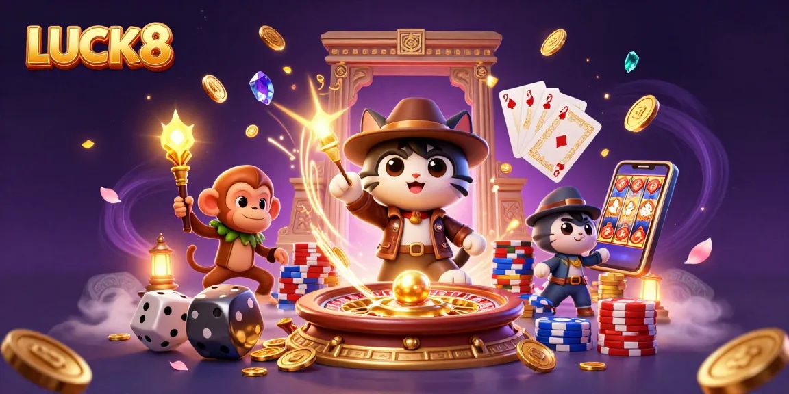 LUCK8 platform displaying an archaeologist cat and monkey companion surrounded by dynamic casino elements.