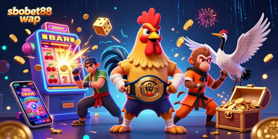 Experience sbobet88 wap with a dynamic 3D illustration showcasing a Muay Thai rooster, Shaolin monkey, and crane master amidst casino elements.