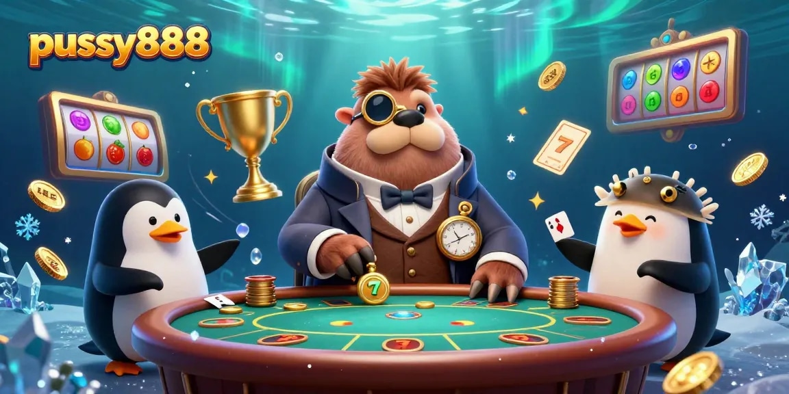 Play exciting games at pussy888 with colorful slot reels and animated characters.