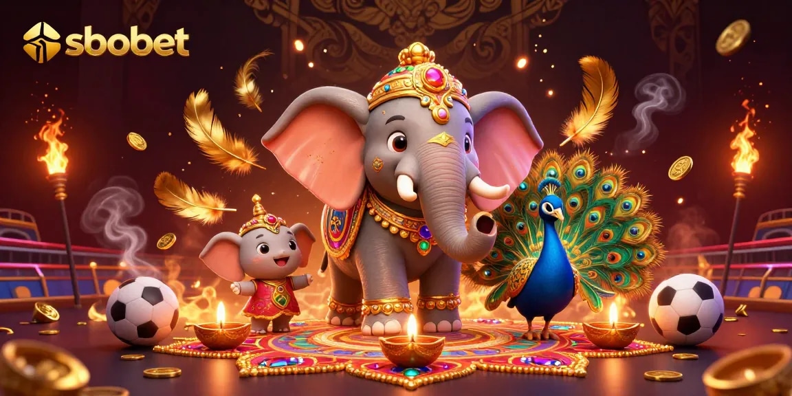 Sbobet sports betting action scene with Diwali-themed elephant, peacock, and dynamic elements.