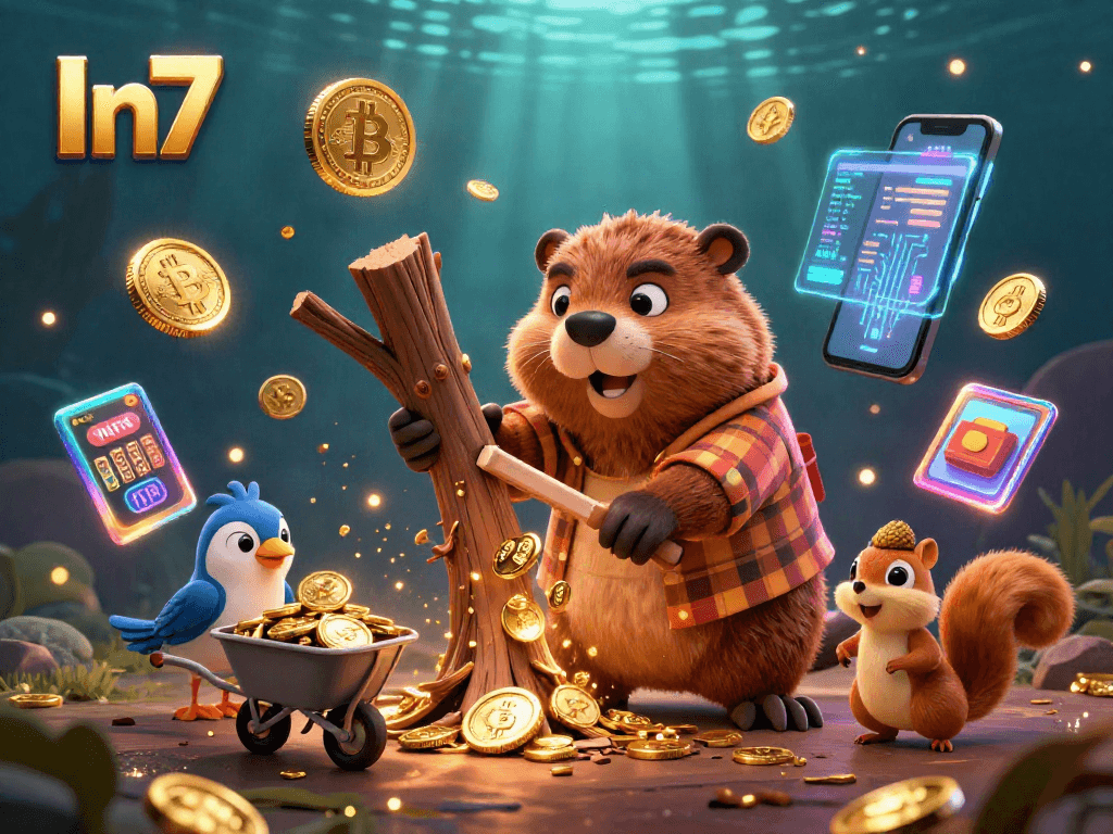 Join In7 for thrilling casino adventures with a beaver and friends collecting coins amidst vibrant crypto elements.
