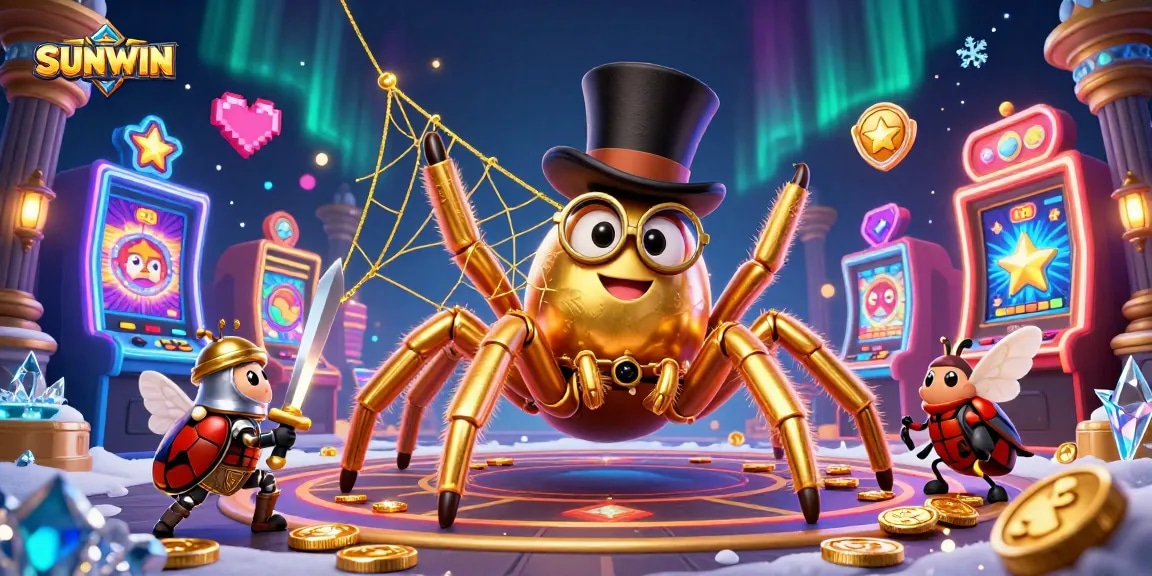 SUNWIN's interactive casino scene features a golden tarantula, beetle knight, and vibrant game elements.