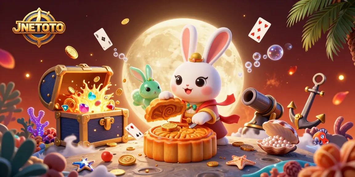 Menghadirkan aksi JNETOTO dengan kelinci bulan yang memukul kue bulan, menghasilkan chip poker dan harta karun di latar belakang, menyajikan nuansa kasino yang mengasyikkan.