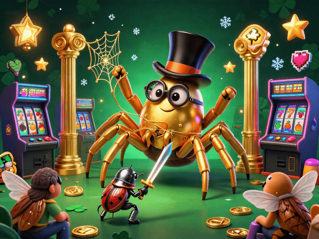 PESGSLOT menawarkan pengalaman slot mewah dengan tarantula emas dan kesatria beetle mengelilingi mesin permainan.