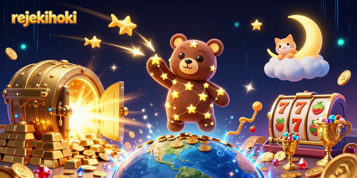 Engage with the exciting rejekihoki casino world filled with gold, stars, and vibrant characters.