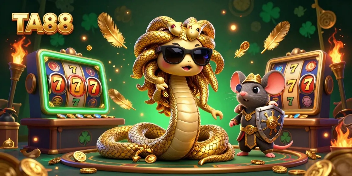 Experience the excitement of TA88 slots gameplay with charming characters in a vibrant casino scene.