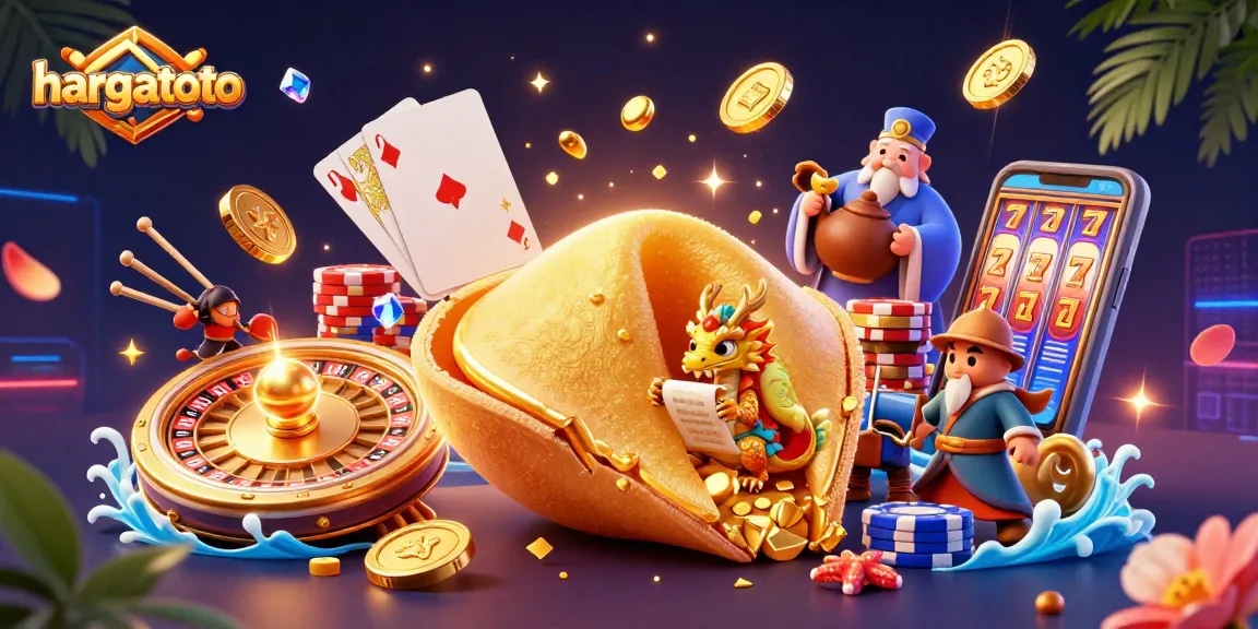 Join the hargatoto experience with a vibrant 3D scene of gambling elements and fortune.