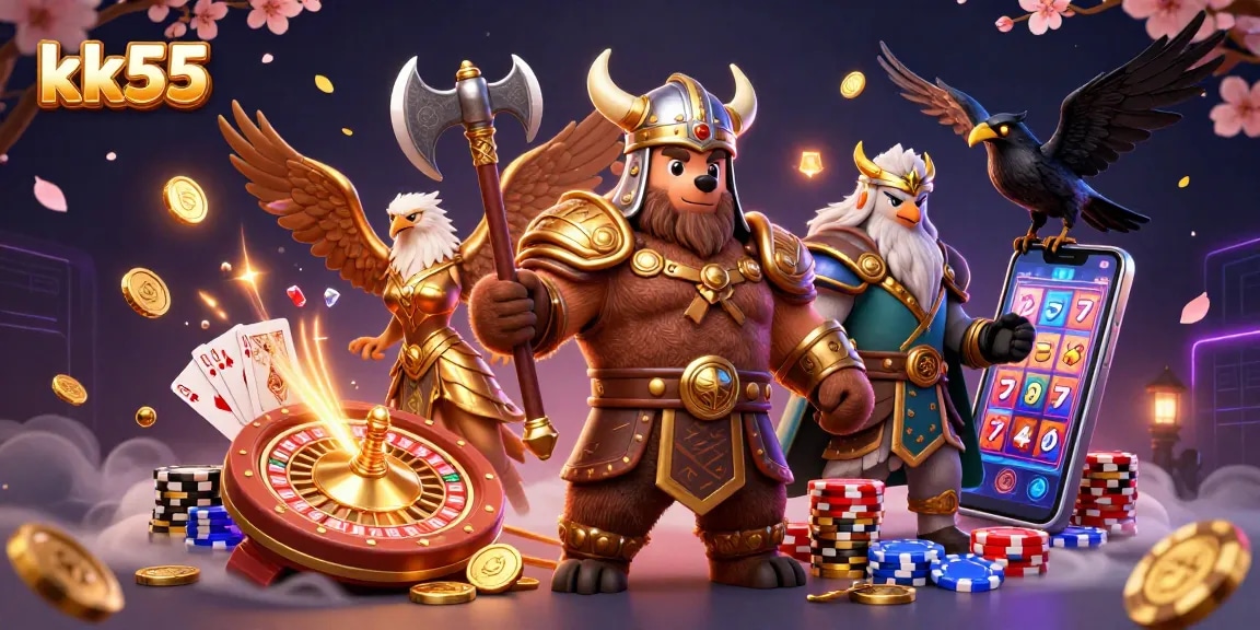 Engage with the thrilling world of kk55 as vibrant casino elements surround powerful characters in a fantasy casino illustration.