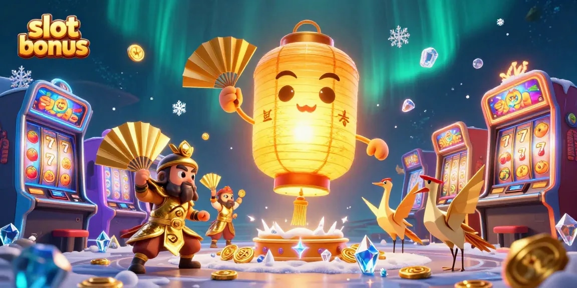 Experience the thrill of slot bonuses with this vibrant 3D casino illustration showcasing golden lantern spirits and interactive slot machines.