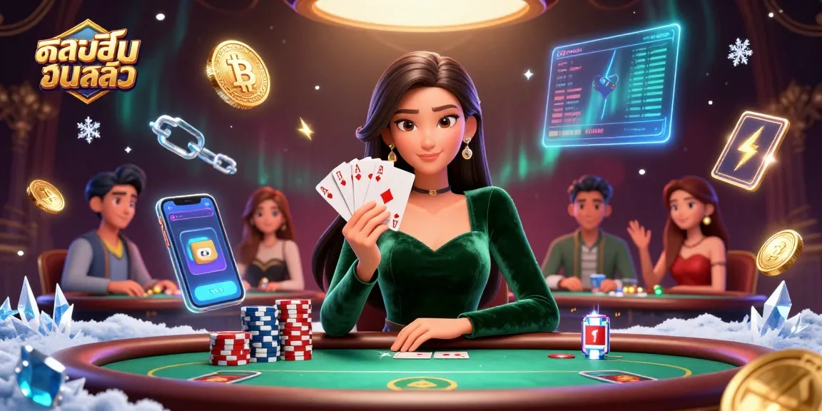 Experience the vibrant world of កាស៊ីណូអនឡាញ at a poker table filled with Bitcoin and Ethereum coins.