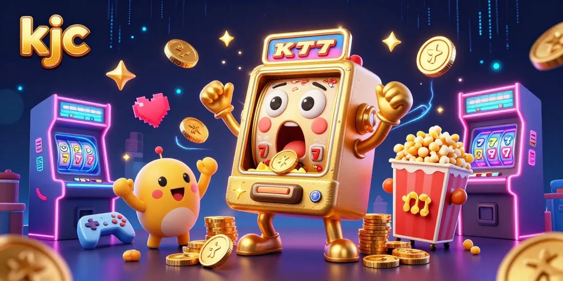 KJC slot machine celebrating a jackpot, surrounded by cheering baby machines, showcasing thrilling casino play.