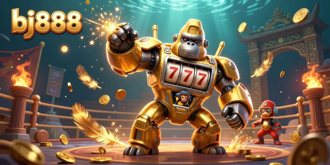 BJ888 showcases an exciting 3D gaming scene with a golden gorilla mech, vibrant casino elements, and dynamic battle atmosphere.