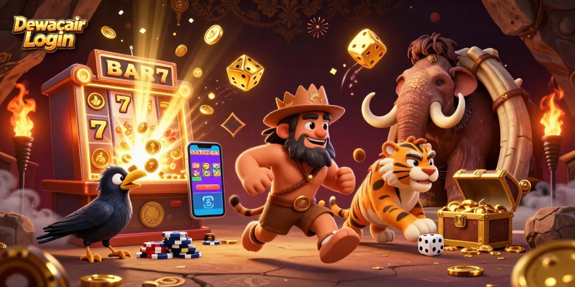 Dewacair Login showcases a 3D illustrated scene with a caveman, sabertooth tiger, and clever crow in a vibrant casino adventure