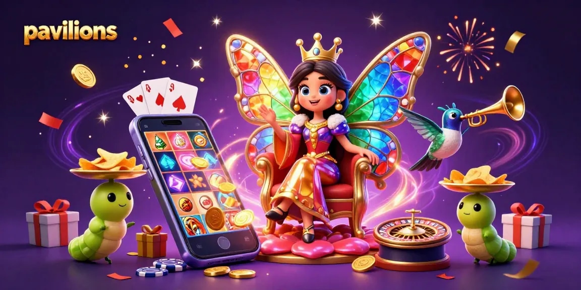 Pavilions exhibit a vibrant gaming atmosphere with a butterfly queen and casino elements.