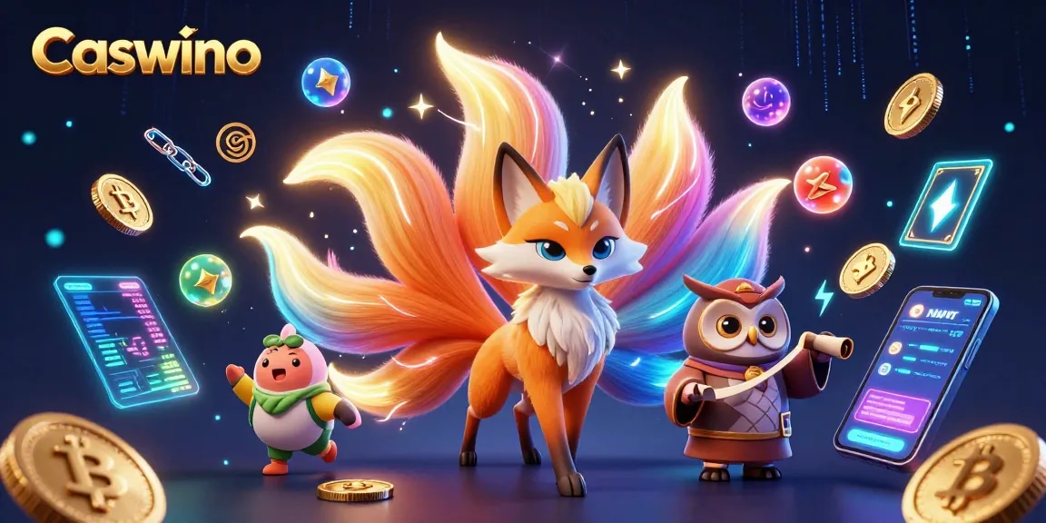Spin thrilling games at Caswino Casino with vibrant characters and exciting crypto elements.