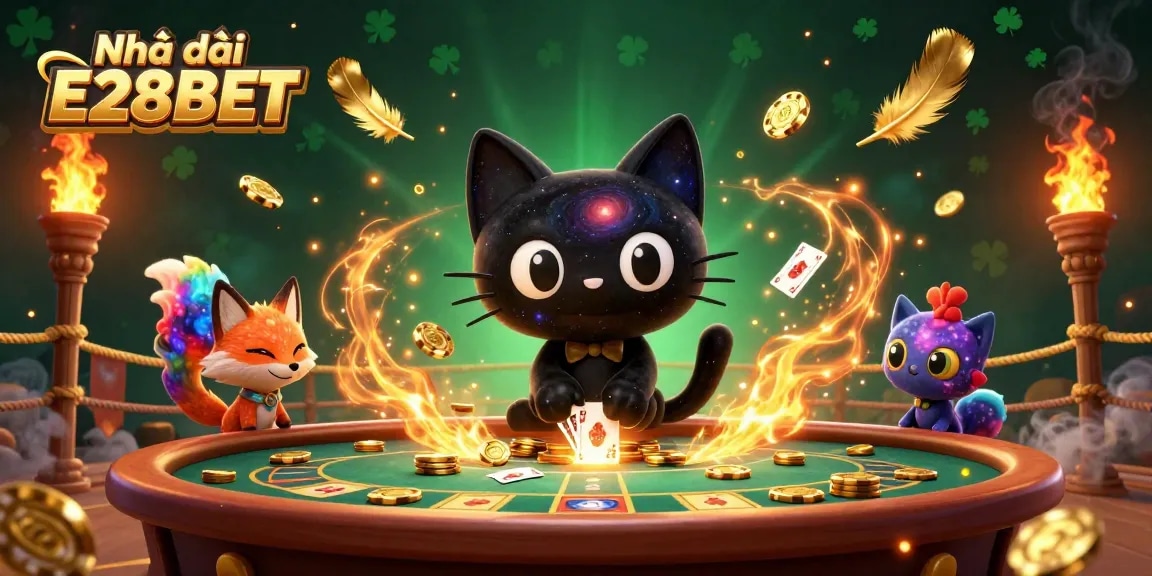 Engage with Nhà cái E28BET amidst a vibrant cosmic gambling scene filled with energy and excitement.