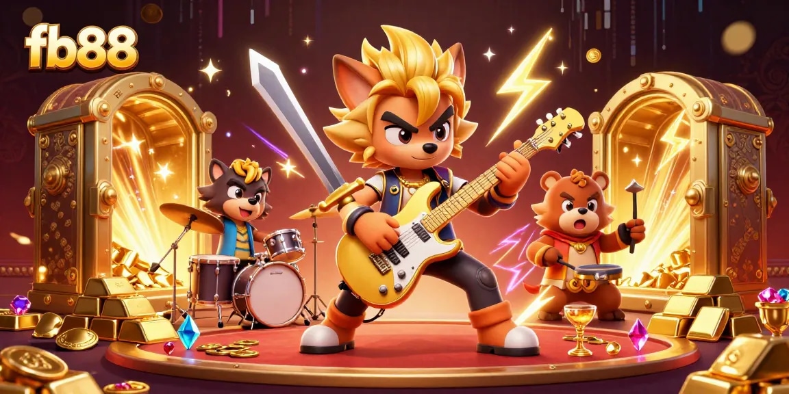 Engage with fb88's vibrant casino atmosphere, featuring a rock star wolf and bear drummer amidst gold treasures.