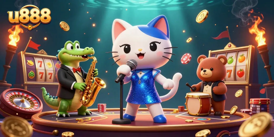 u888's lively casino scene featuring animated characters and vibrant gaming elements, emphasizing immersive gambling action.