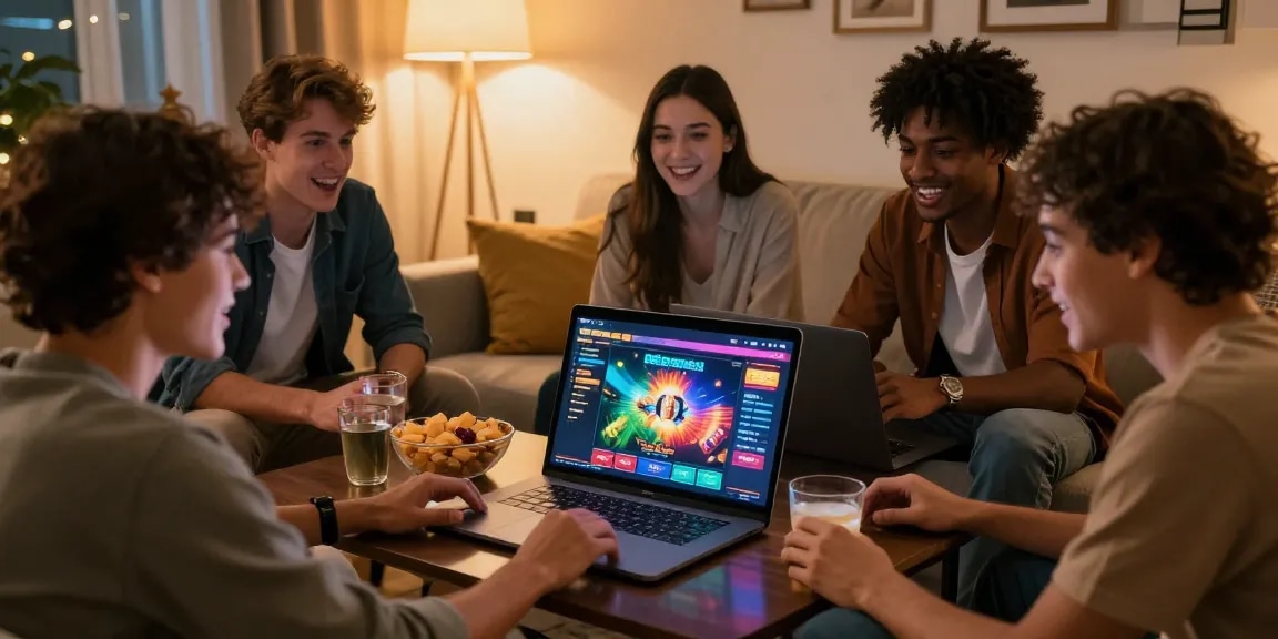 Diverse group enjoying 68gamebai online gaming in cozy living room setting