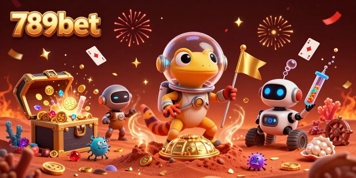 Experience 789bet's vibrant casino adventure with a Martian gecko discovering treasures.