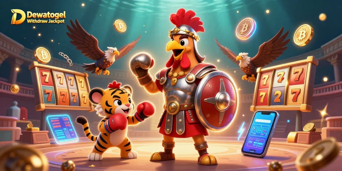 Dewatogel Withdraw Jackpot showcases a dynamic high-stakes slot scene with a gladiator rooster and rich casino elements.