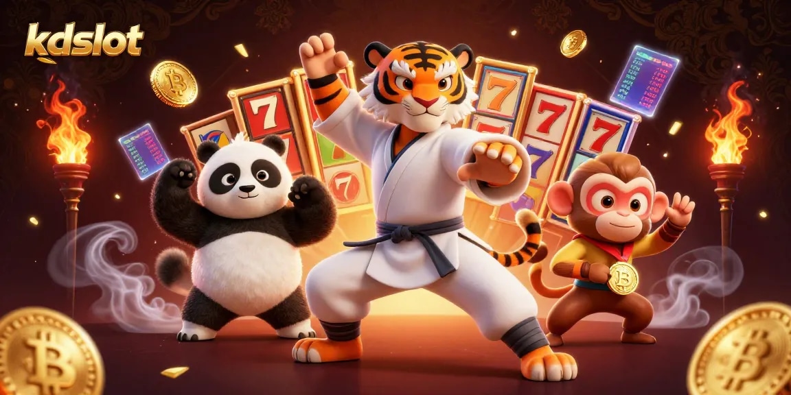 Kdslot's vibrant gaming experience showcases a kung fu tiger, panda disciple, and monkey student among slot reels and cryptocurrency elements.