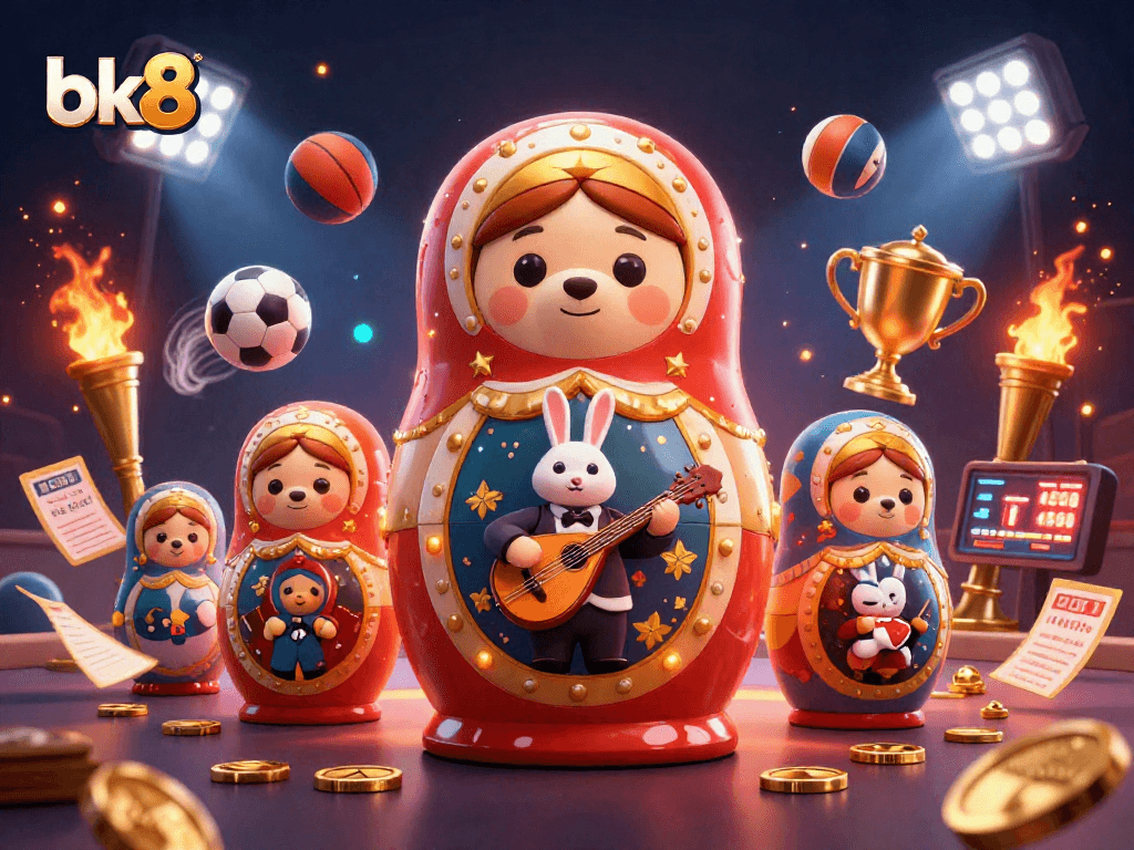 Bet on bk8 with vibrant 3D Russian Matryoshka bear and sports elements celebrating winning