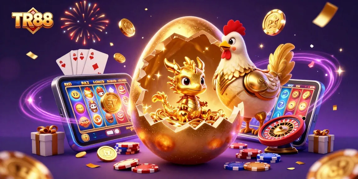 TR88 delights with a golden baby dragon emerging from a cracking egg among poker chips, symbolizing fortune.