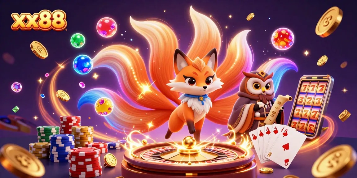 Experience vibrant gaming excitement with xx88 featuring a mystical fox, owl sage, and dazzling casino elements.