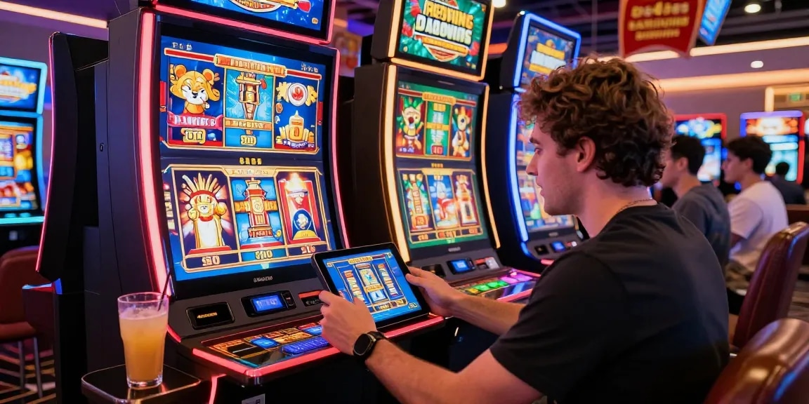 Vibrant online gaming scene at jumpspace.org.uk showcasing excited player with tablet in colorful casino environment.